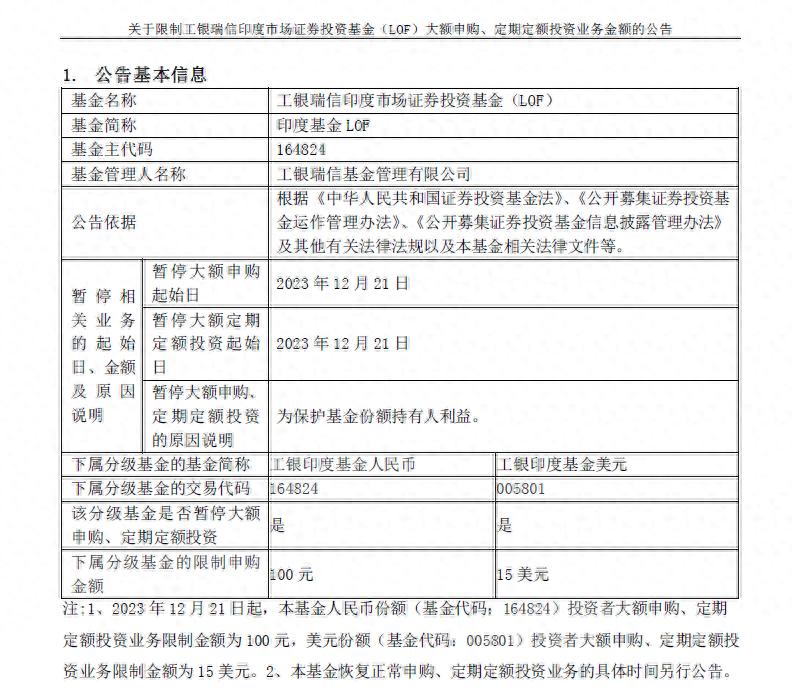 印度股票基金_工银瑞信印度市场基金LOF申购限额调整_QDII额度不足影响基金申购